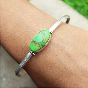 Green Turquoise Stone Silver Cuff Bracelet - Women Jewelry